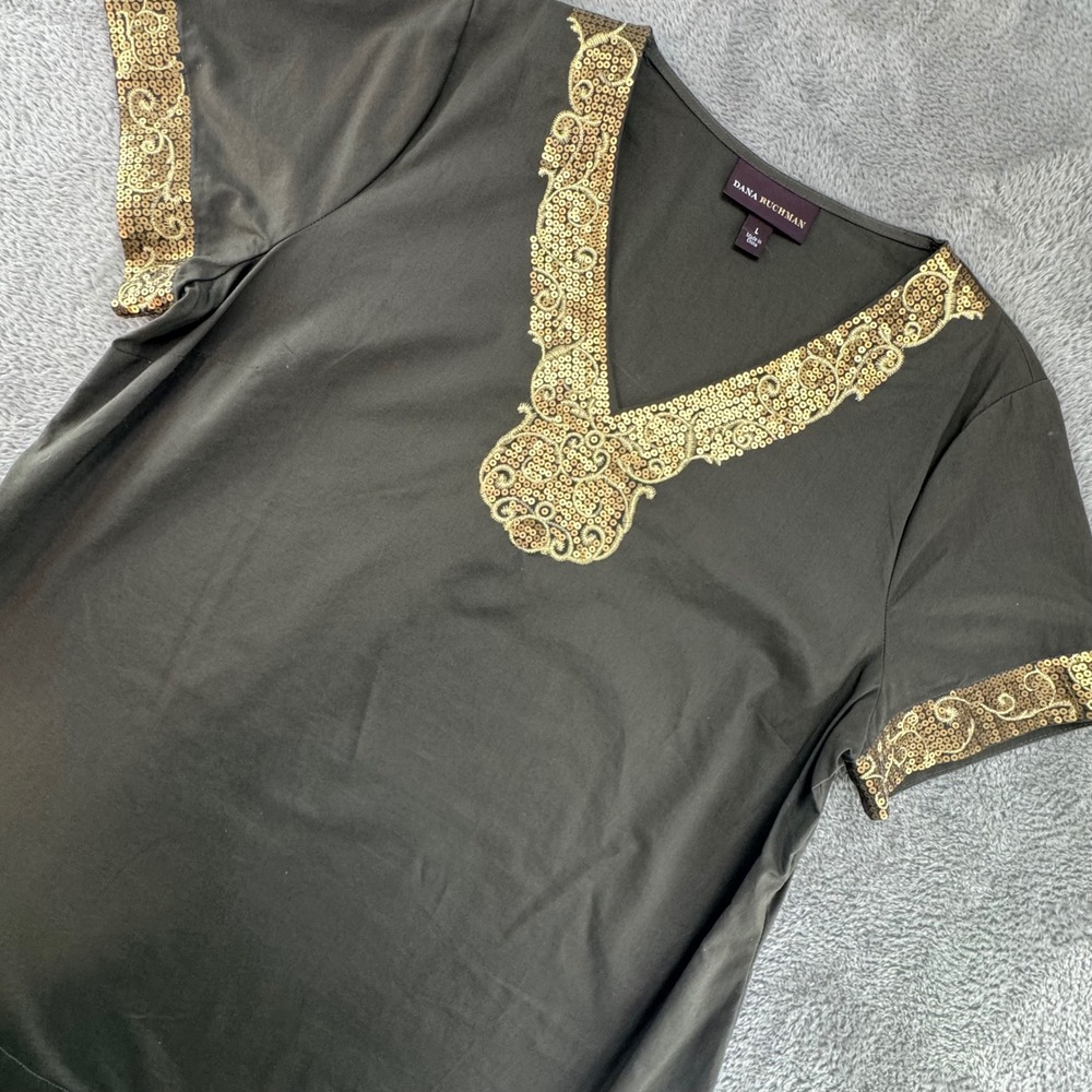 Dana Buchman Embellished V Neck Short Sleeve Tunic Top Women Size L Khaki Gold